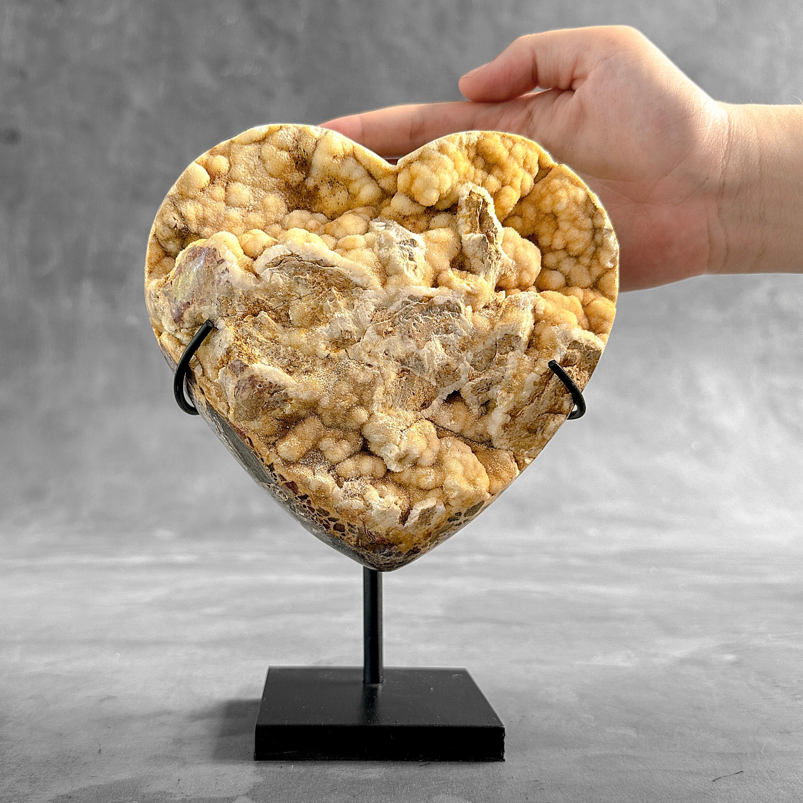 Stunning Heart Shape of Yellow Crystal Rock on a custom stand CH/520