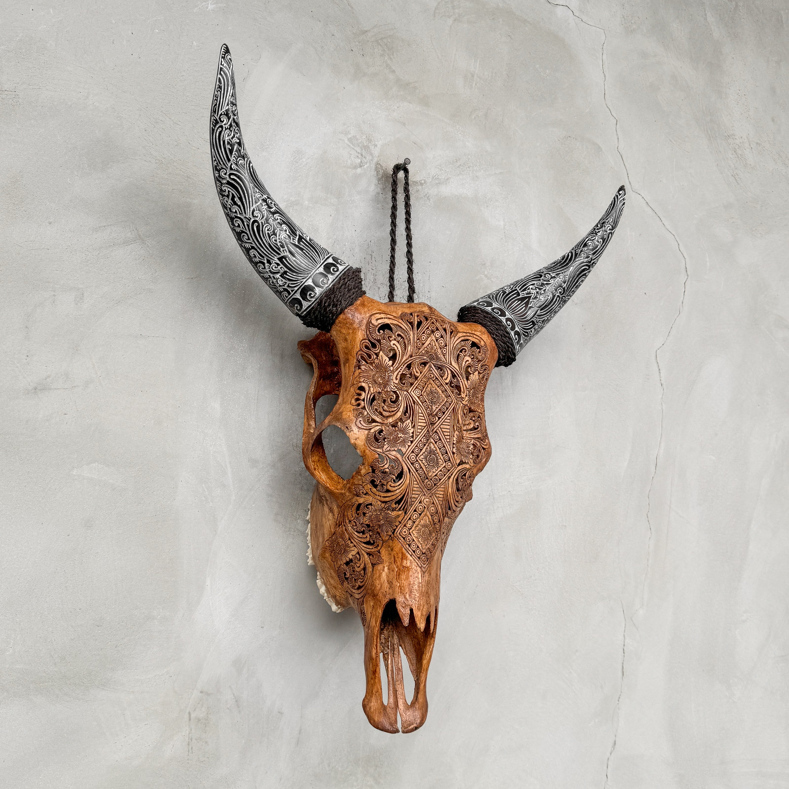 Fully Carved Cow Skull with Ketupat Design – Balinese Tribal Wall Art – Etched Horn Bone Sculpture in Natural Finish - Skull,A/083