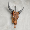 Fully Carved Cow Skull with Ketupat Design – Balinese Tribal Wall Art – Etched Horn Bone Sculpture in Natural Finish - Skull,A/083