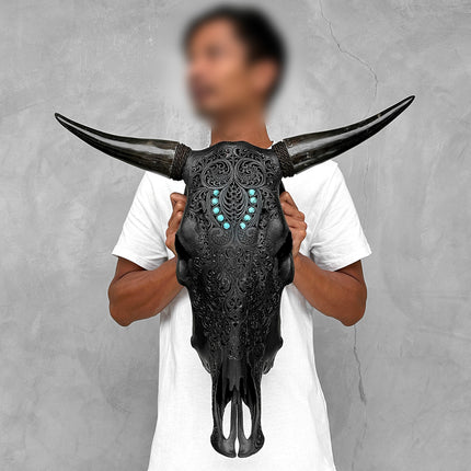 Carved Bull Skull with Turquoise Accents - Leaf motif | Skull,A/189