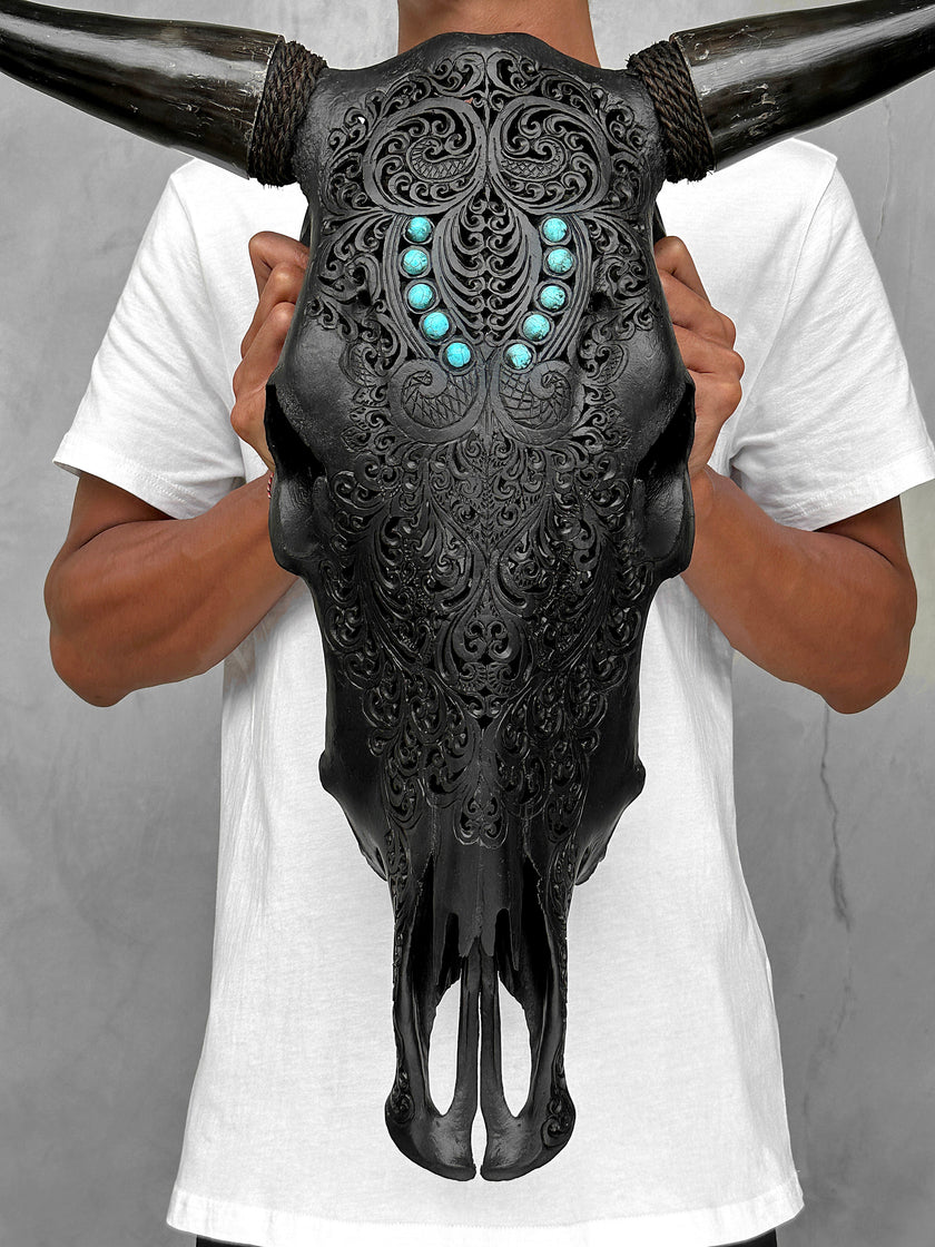 Carved Bull Skull with Turquoise Accents - Leaf motif | Skull,A/189