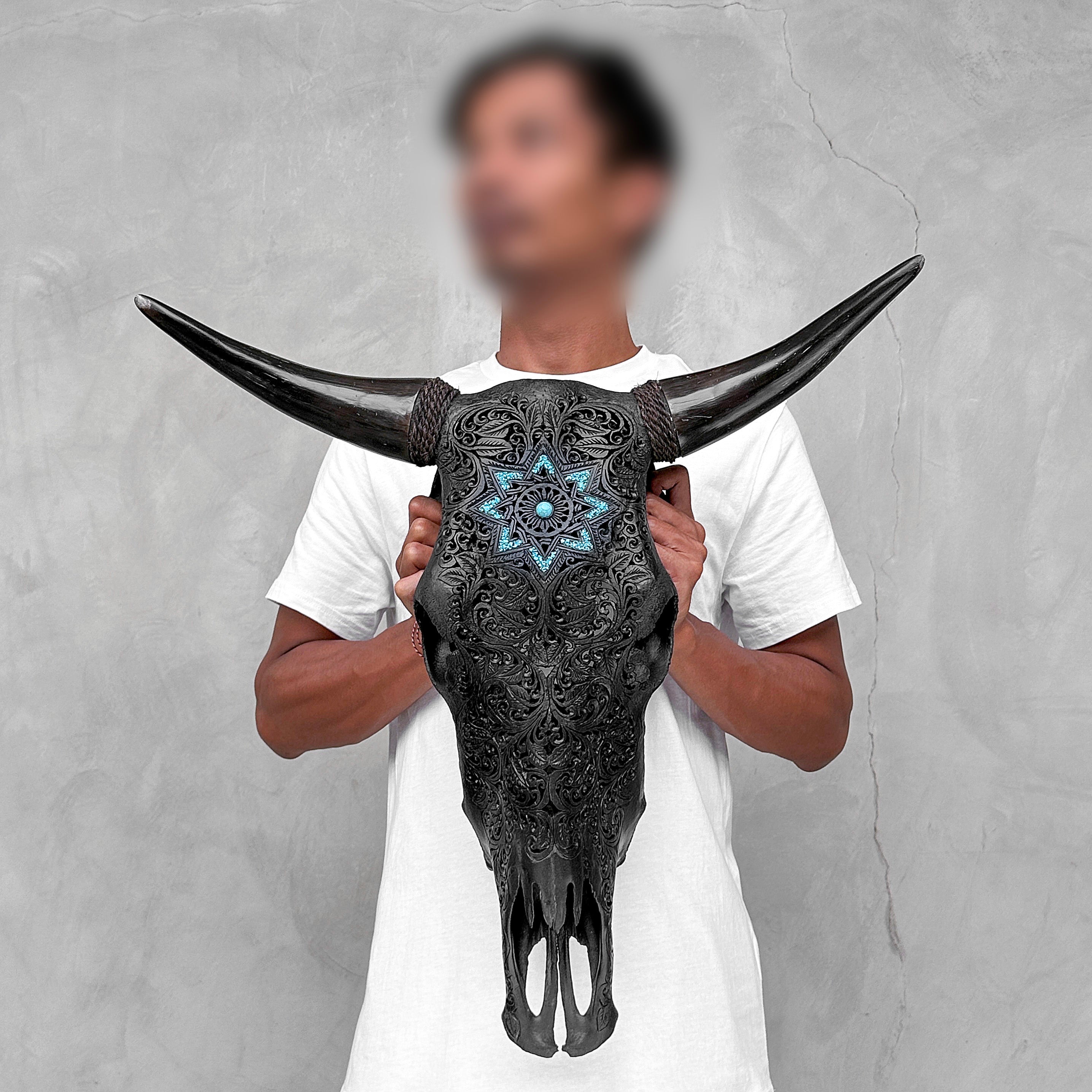 Carved Bull Skull with Turquoise Accents - Star Mandala motif | Skull,A/190