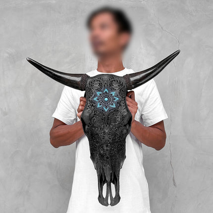 Carved Bull Skull with Turquoise Accents - Star Mandala motif | Skull,A/190