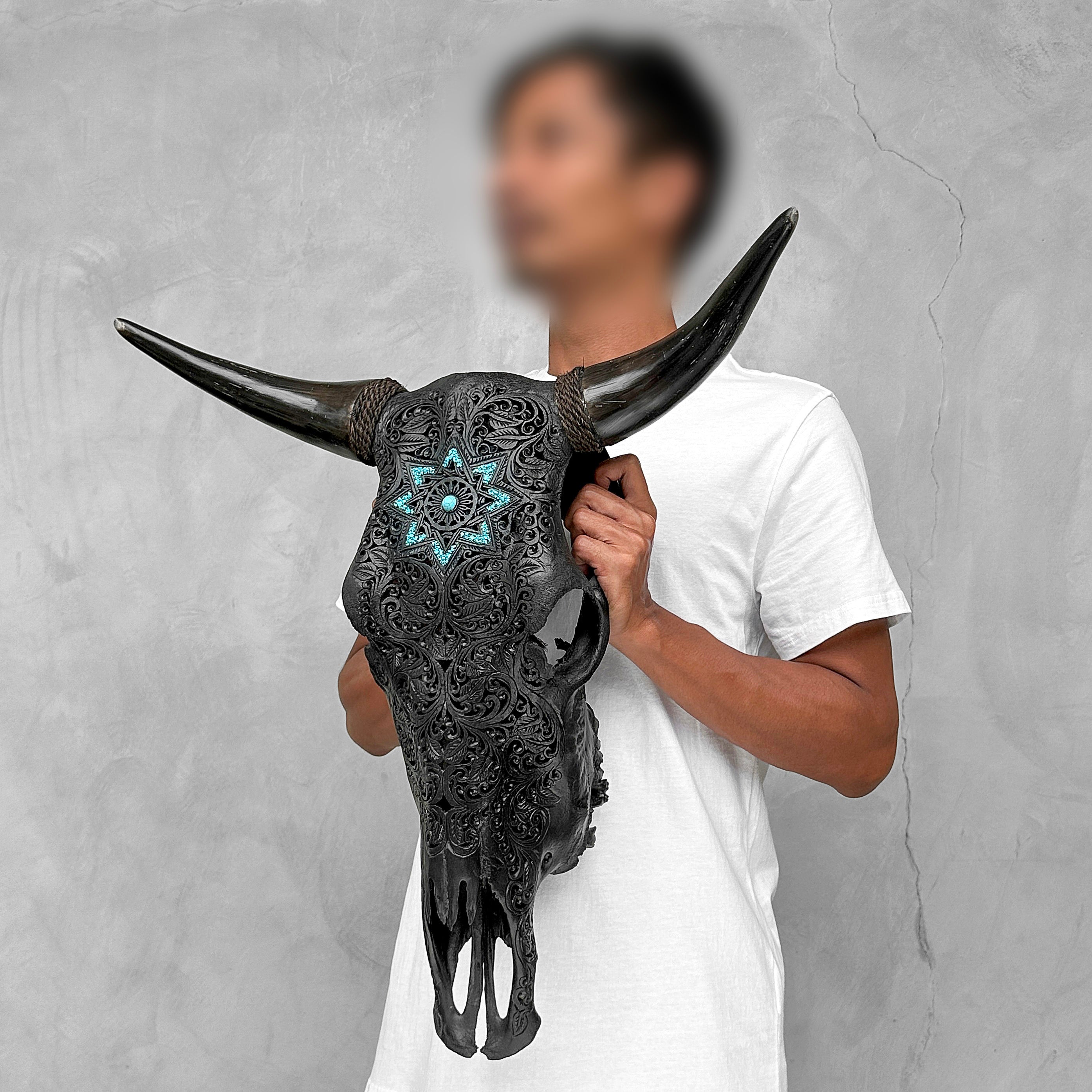 Carved Bull Skull with Turquoise Accents - Star Mandala motif | Skull,A/190