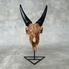 Brown Carved Goat Skull on Stand - Big Lotus Engraving – Unique Gothic Boho Home Decor, Rustic Wall Mount