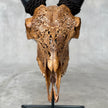 Brown Carved Goat Skull on Stand - Big Lotus Engraving – Unique Gothic Boho Home Decor, Rustic Wall Mount