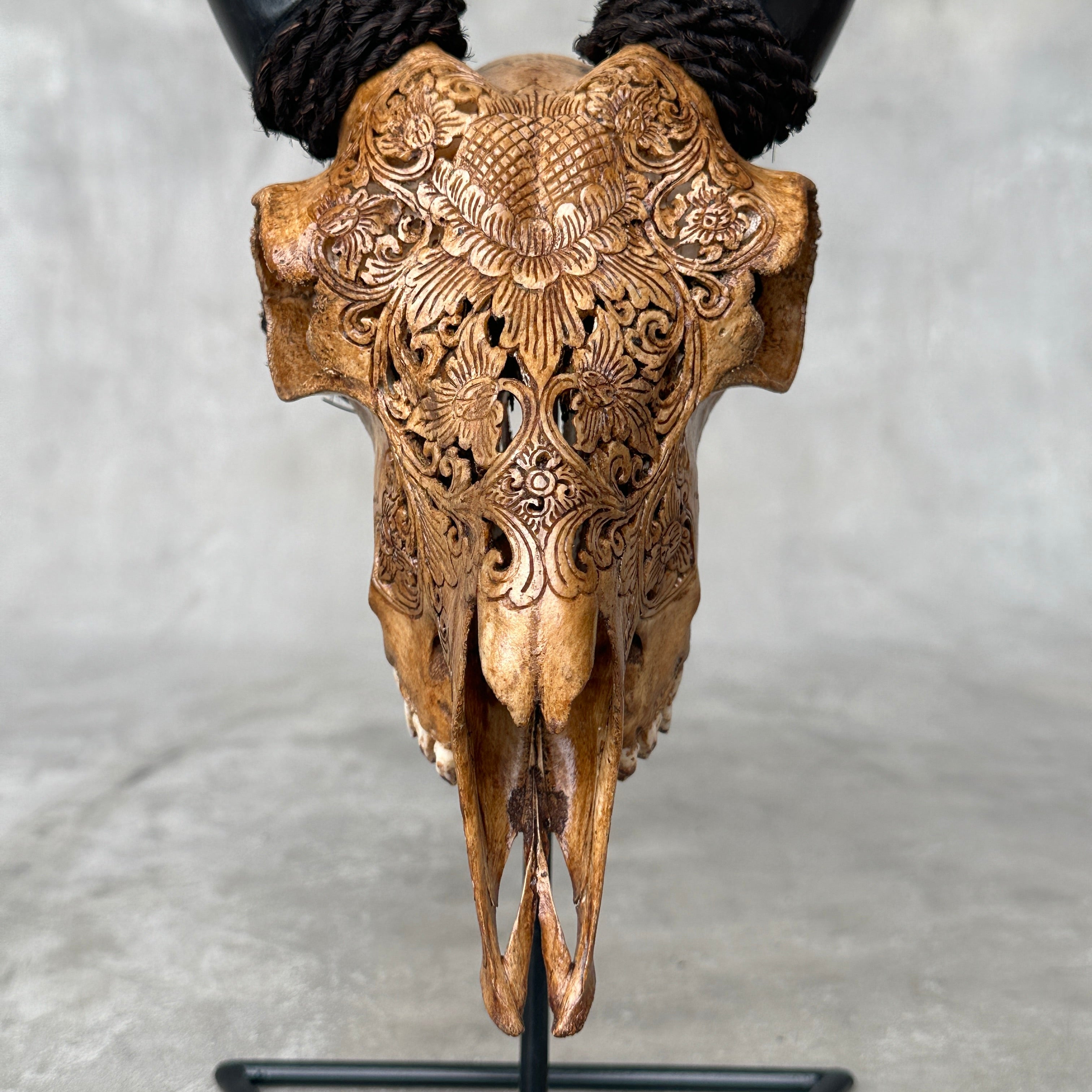 Brown Carved Goat Skull on Stand - Big Lotus Engraving – Unique Gothic Boho Home Decor, Rustic Wall Mount
