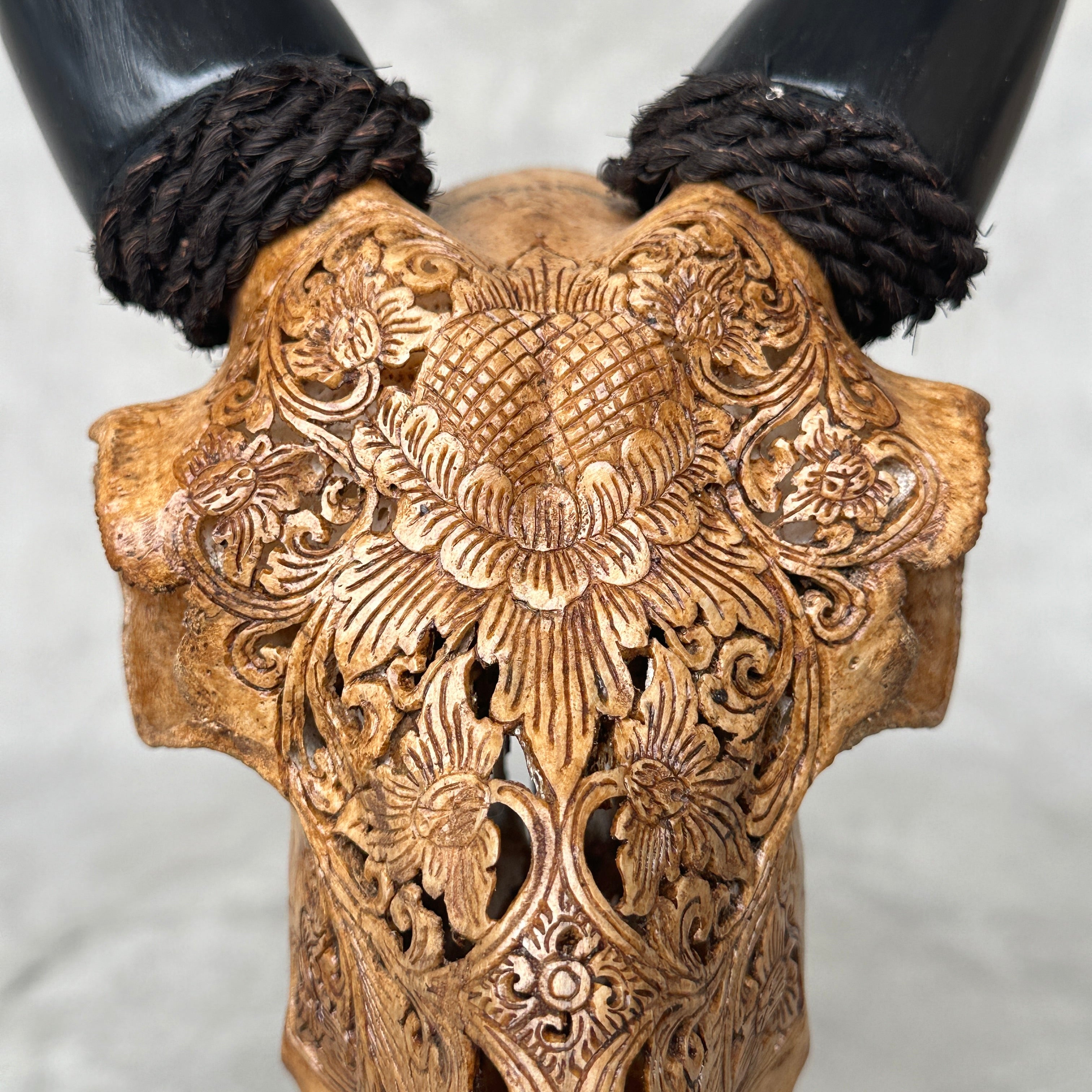 Brown Carved Goat Skull on Stand - Big Lotus Engraving – Unique Gothic Boho Home Decor, Rustic Wall Mount
