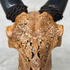 Brown Carved Goat Skull on Stand - Big Lotus Engraving – Unique Gothic Boho Home Decor, Rustic Wall Mount