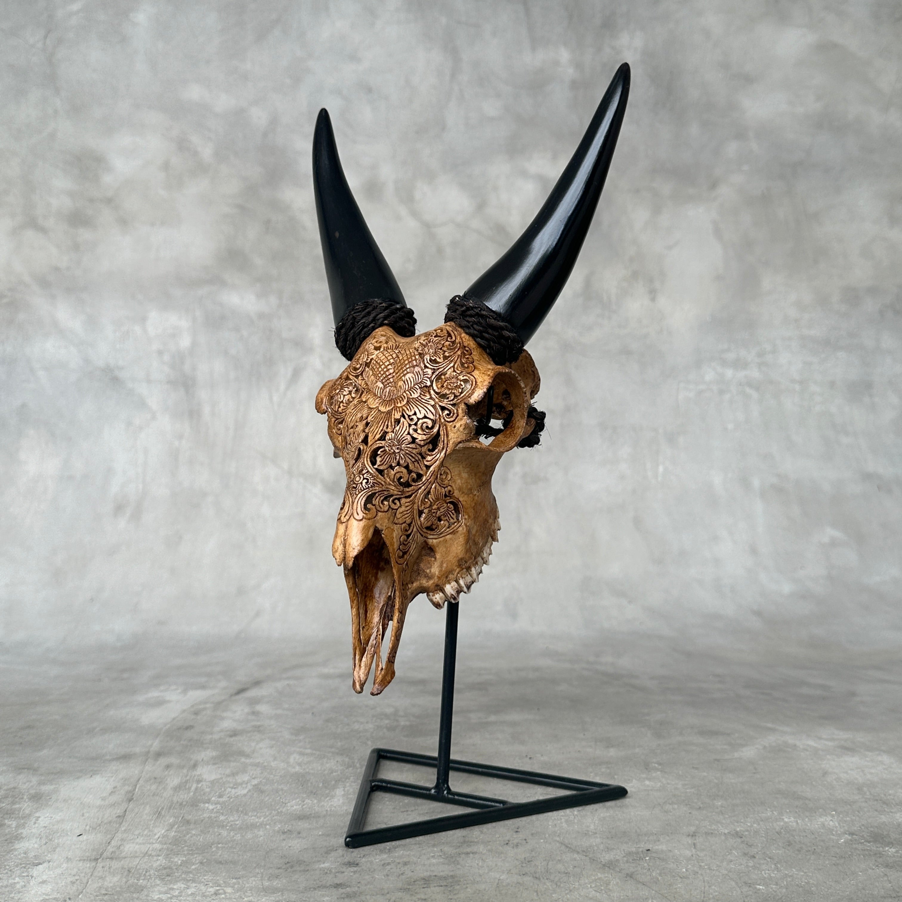 Brown Carved Goat Skull on Stand - Big Lotus Engraving – Unique Gothic Boho Home Decor, Rustic Wall Mount