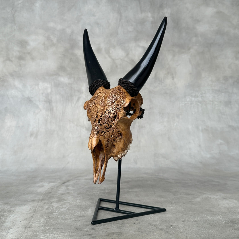 Brown Carved Goat Skull on Stand - Big Lotus Engraving – Unique Gothic Boho Home Decor, Rustic Wall Mount