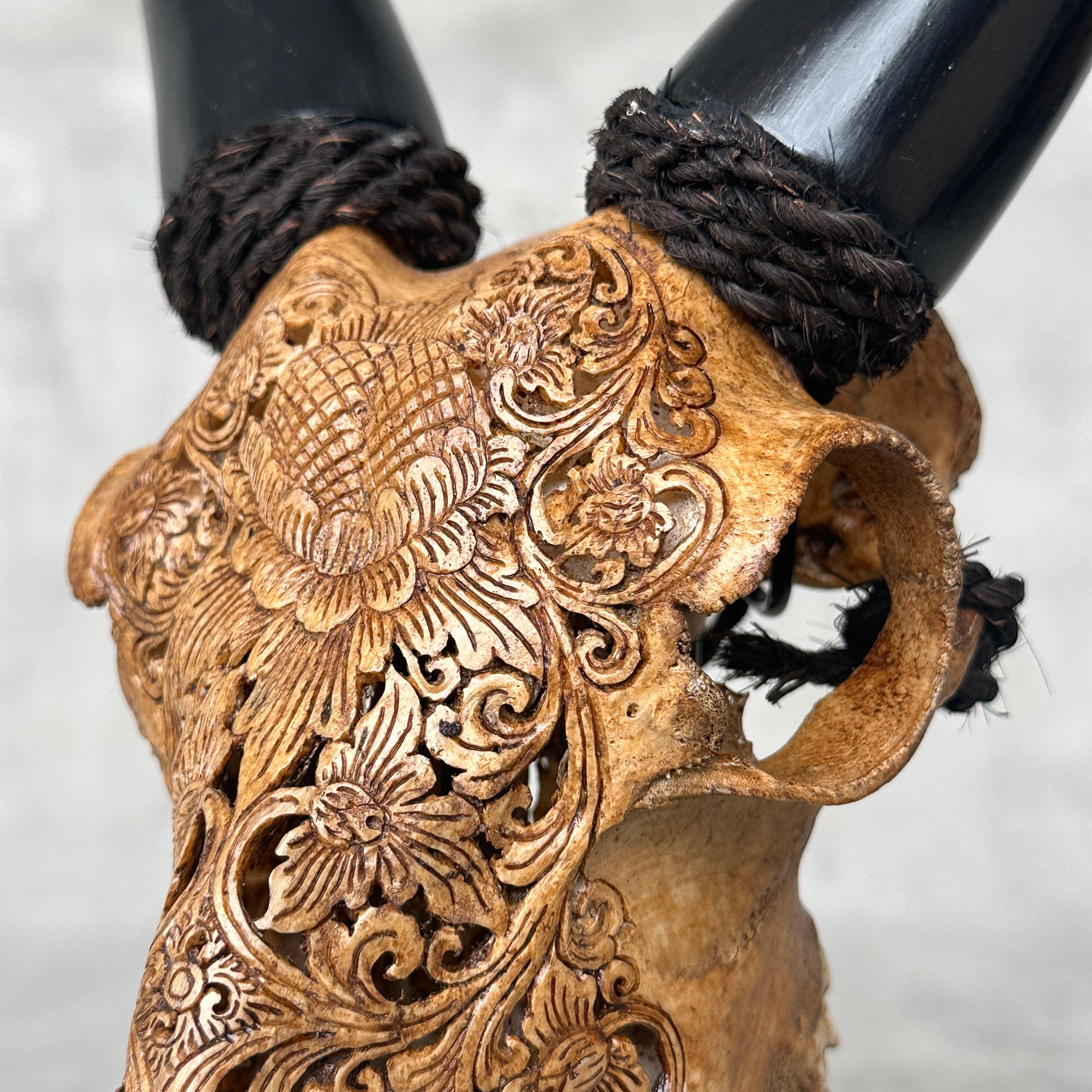 Brown Carved Goat Skull on Stand - Big Lotus Engraving – Unique Gothic Boho Home Decor, Rustic Wall Mount