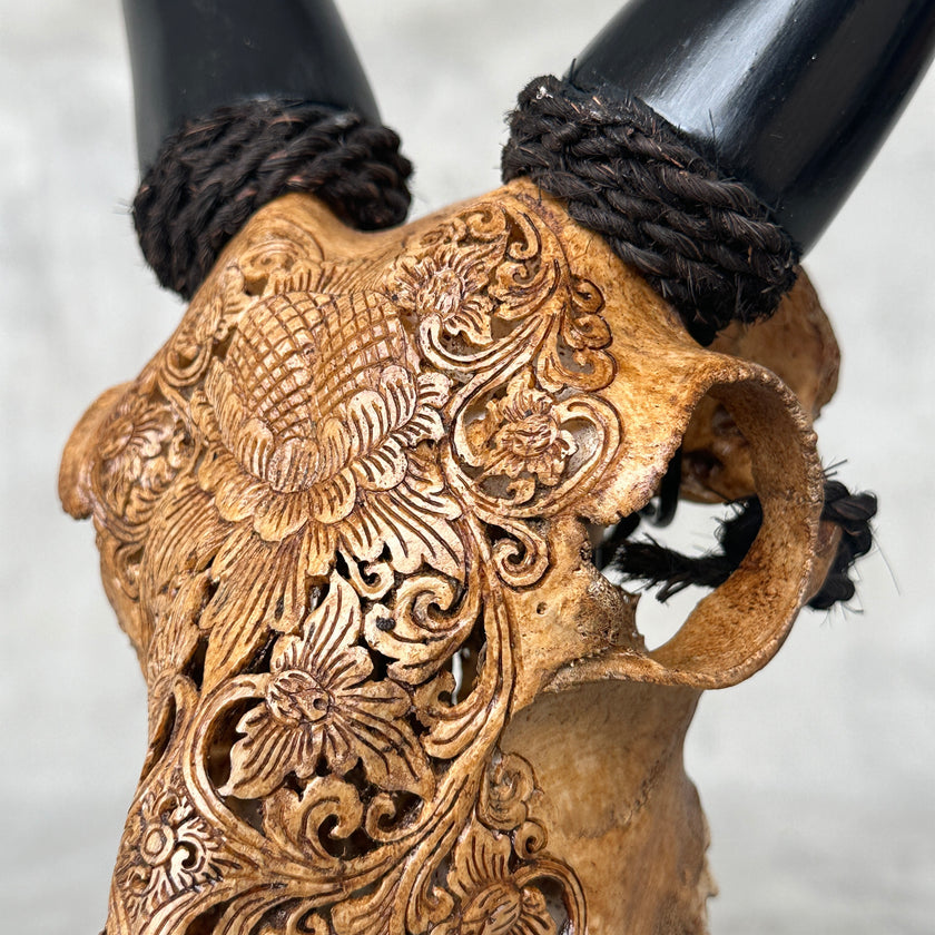 Brown Carved Goat Skull on Stand - Big Lotus Engraving – Unique Gothic Boho Home Decor, Rustic Wall Mount