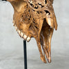 Brown Carved Goat Skull on Stand - Big Lotus Engraving – Unique Gothic Boho Home Decor, Rustic Wall Mount