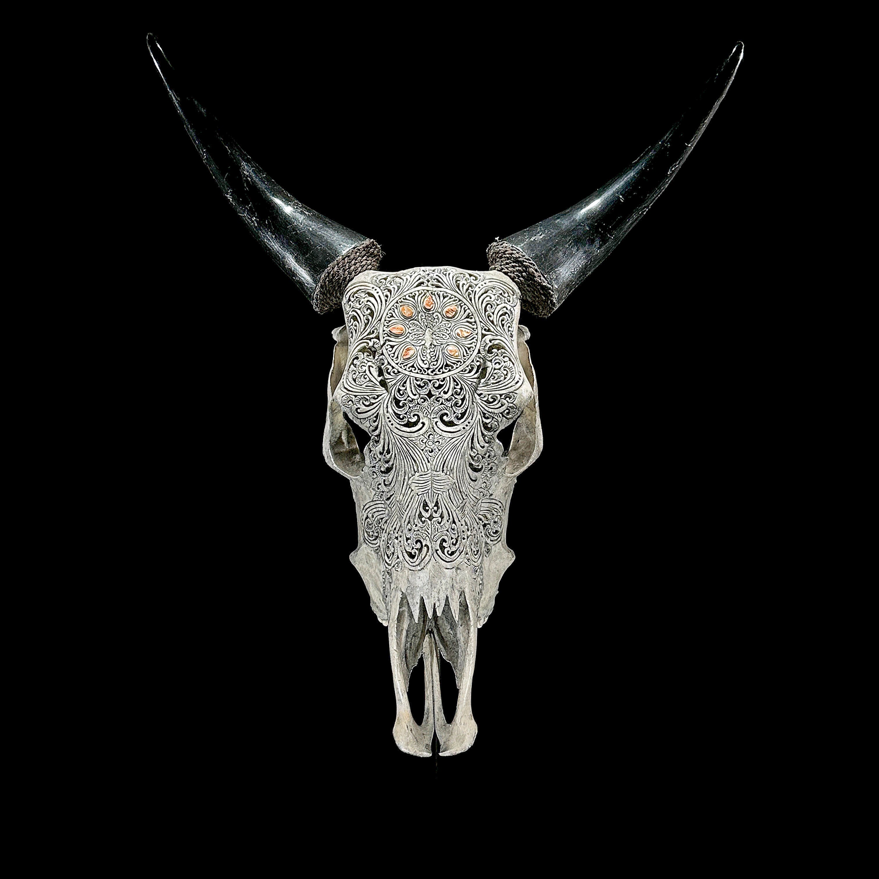 Grey Carved Cow Skull With Abalone Shell Accents - Peacock motif | Skull,A/144