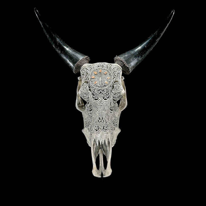 Grey Carved Cow Skull With Abalone Shell Accents - Peacock motif | Skull,A/144