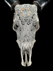 Grey Carved Cow Skull With Abalone Shell Accents - Peacock motif | Skull,A/144