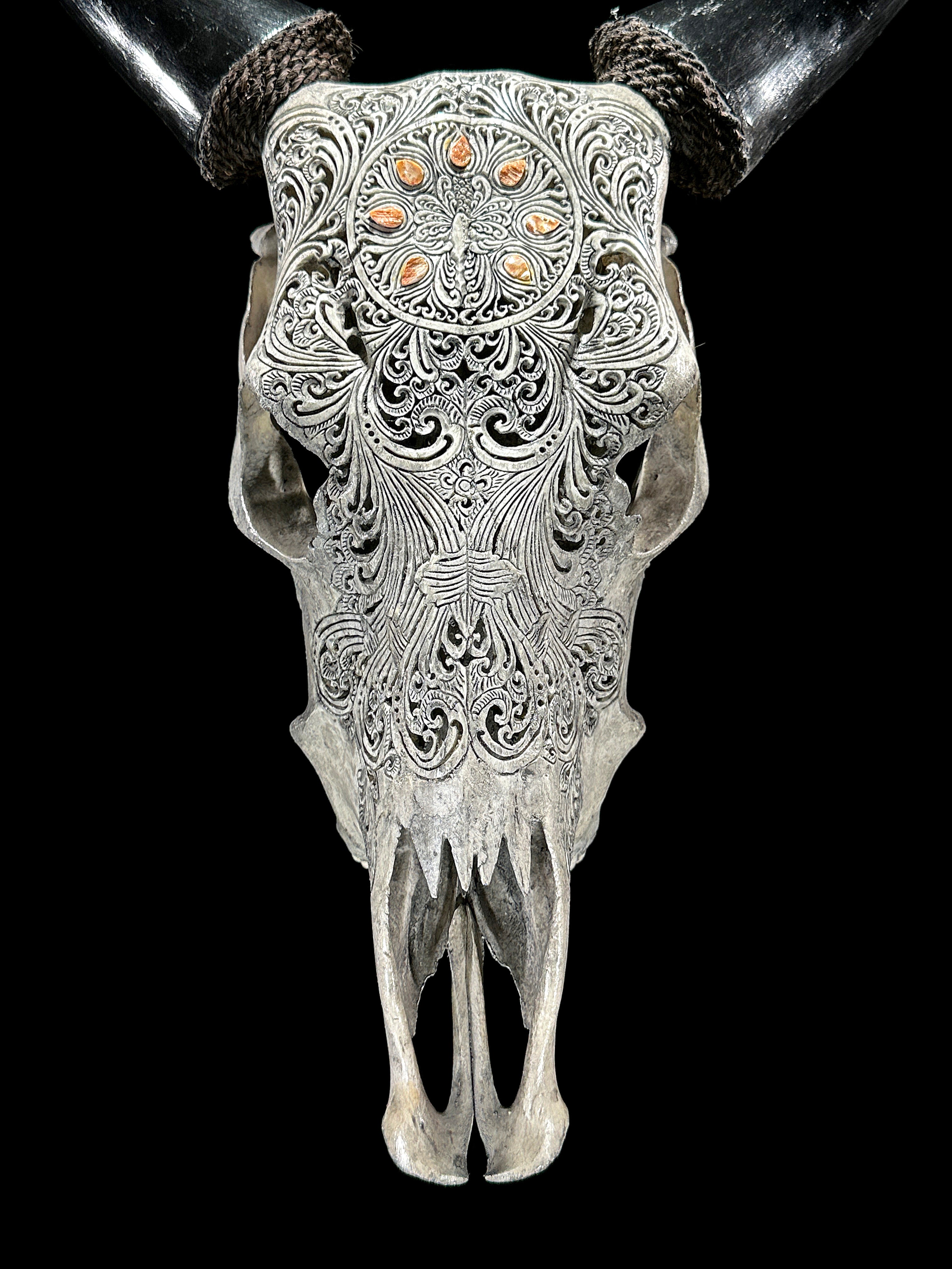 Grey Carved Cow Skull With Abalone Shell Accents - Peacock motif | Skull,A/144