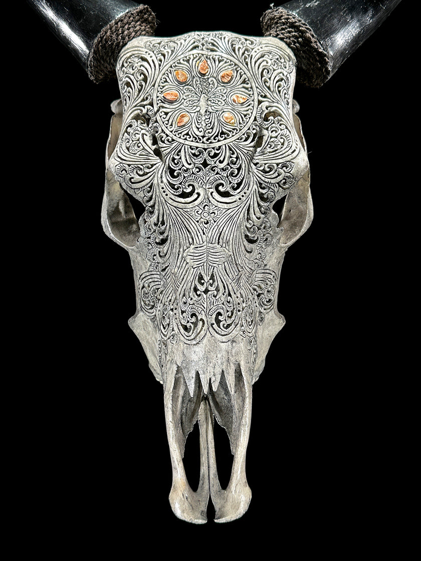 Grey Carved Cow Skull With Abalone Shell Accents - Peacock motif | Skull,A/144