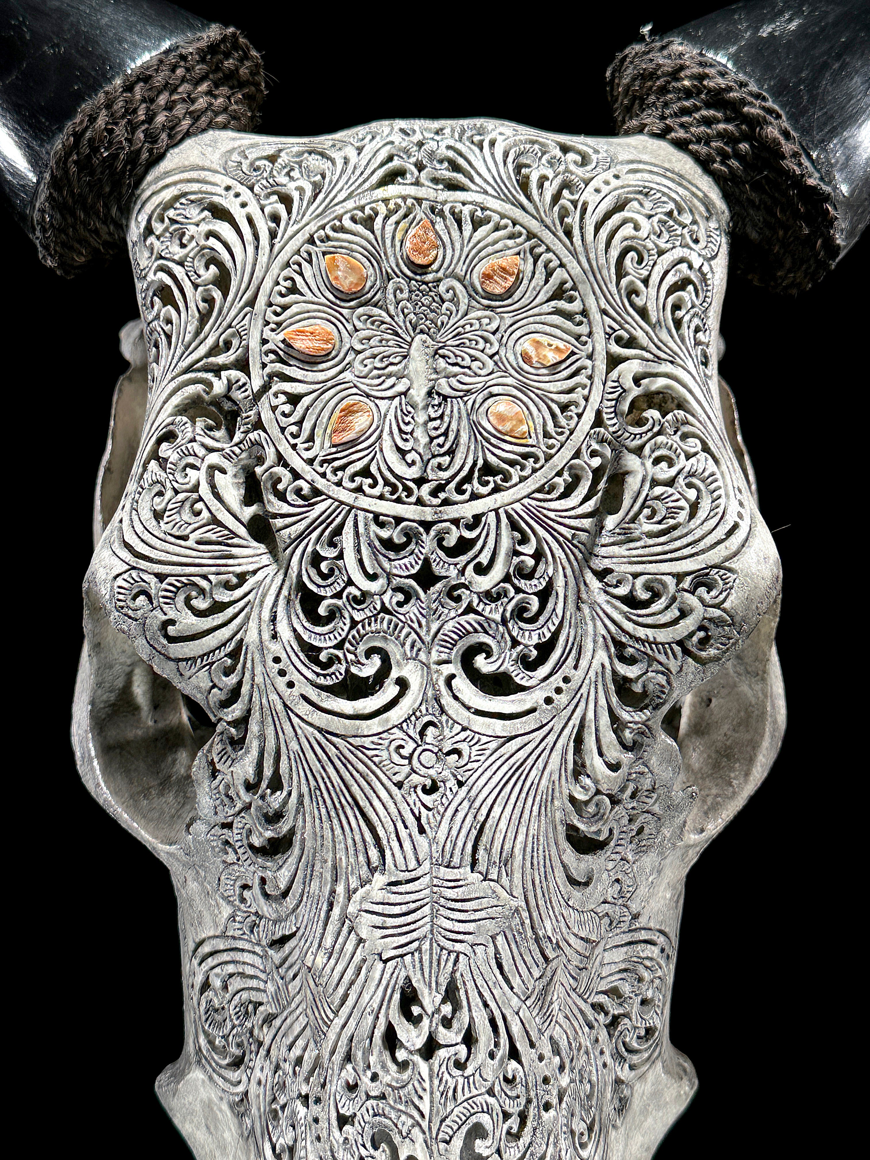 Grey Carved Cow Skull With Abalone Shell Accents - Peacock motif | Skull,A/144