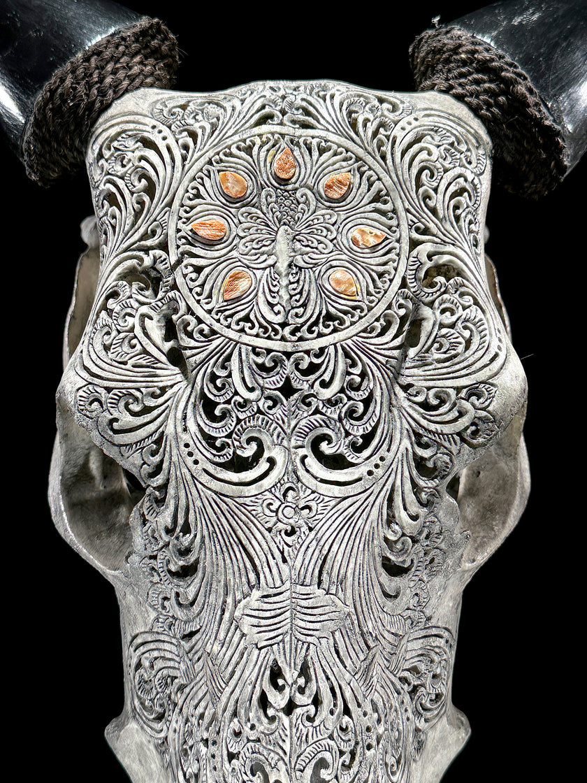 Grey Carved Cow Skull With Abalone Shell Accents - Peacock motif | Skull,A/144