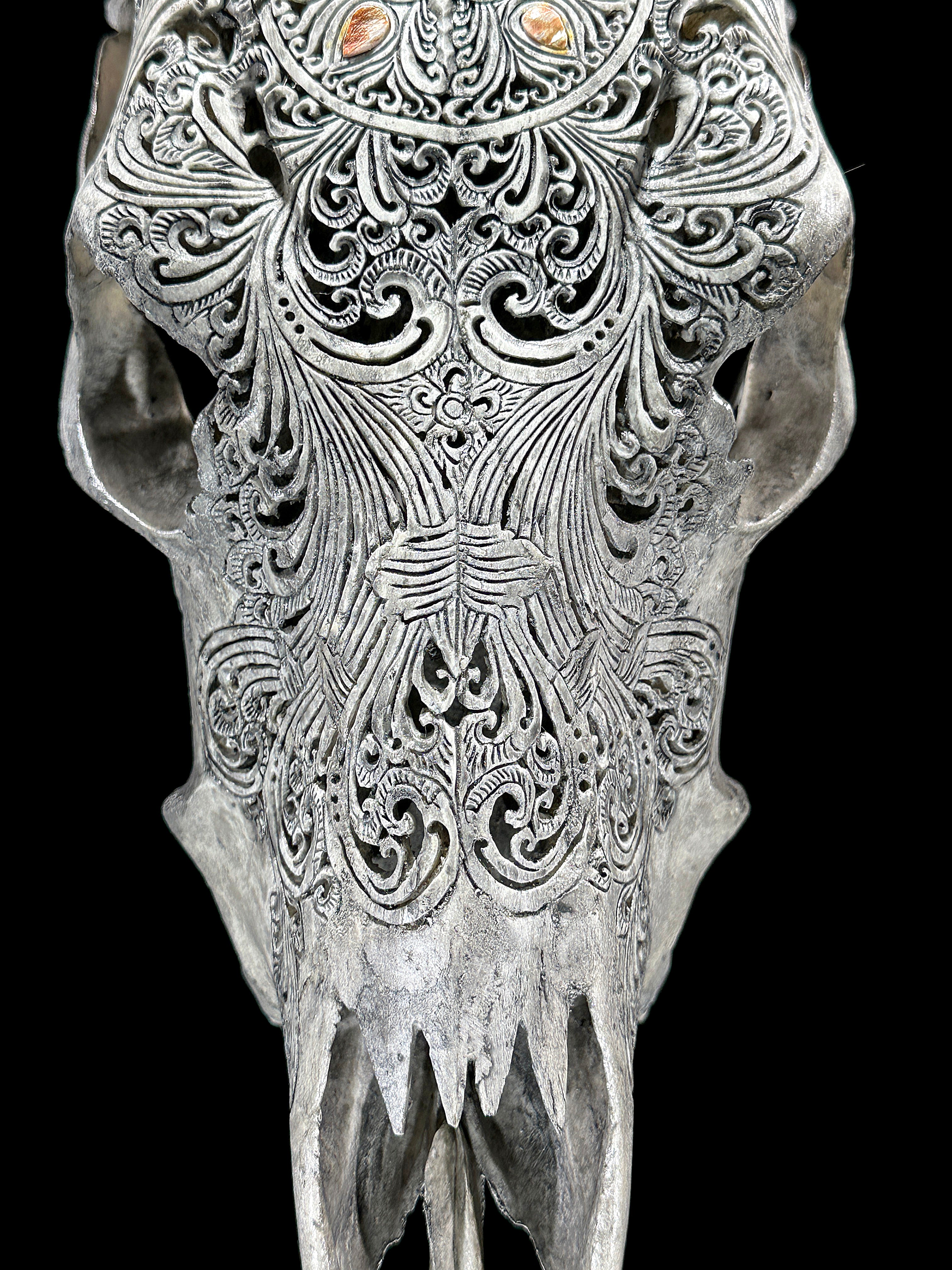 Grey Carved Cow Skull With Abalone Shell Accents - Peacock motif | Skull,A/144