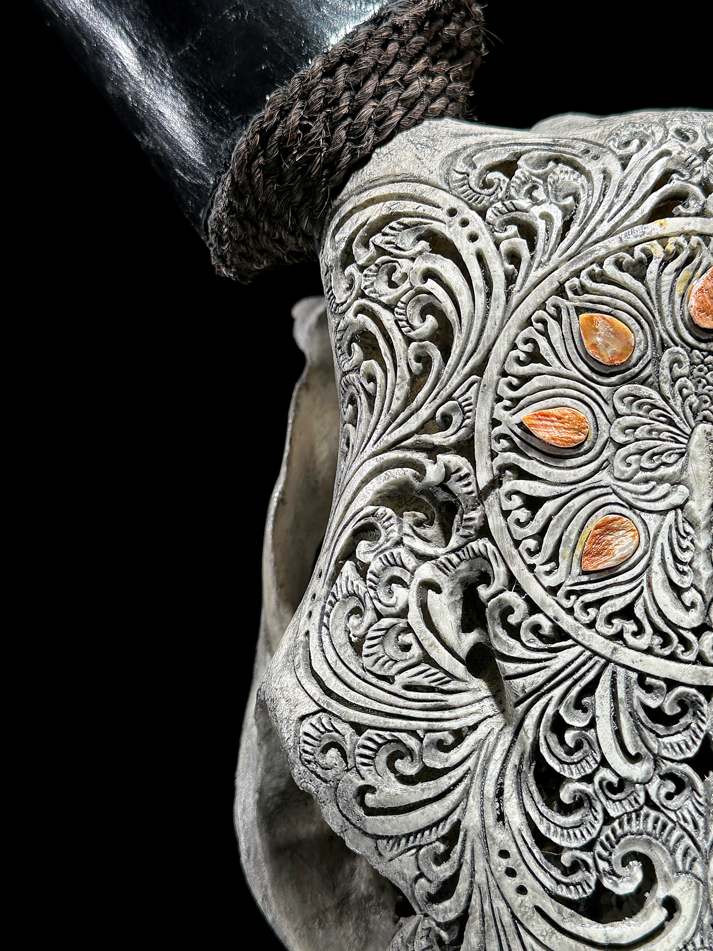 Grey Carved Cow Skull With Abalone Shell Accents - Peacock motif | Skull,A/144