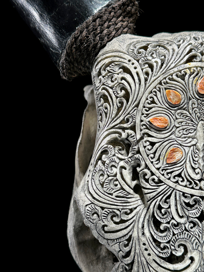 Grey Carved Cow Skull With Abalone Shell Accents - Peacock motif | Skull,A/144