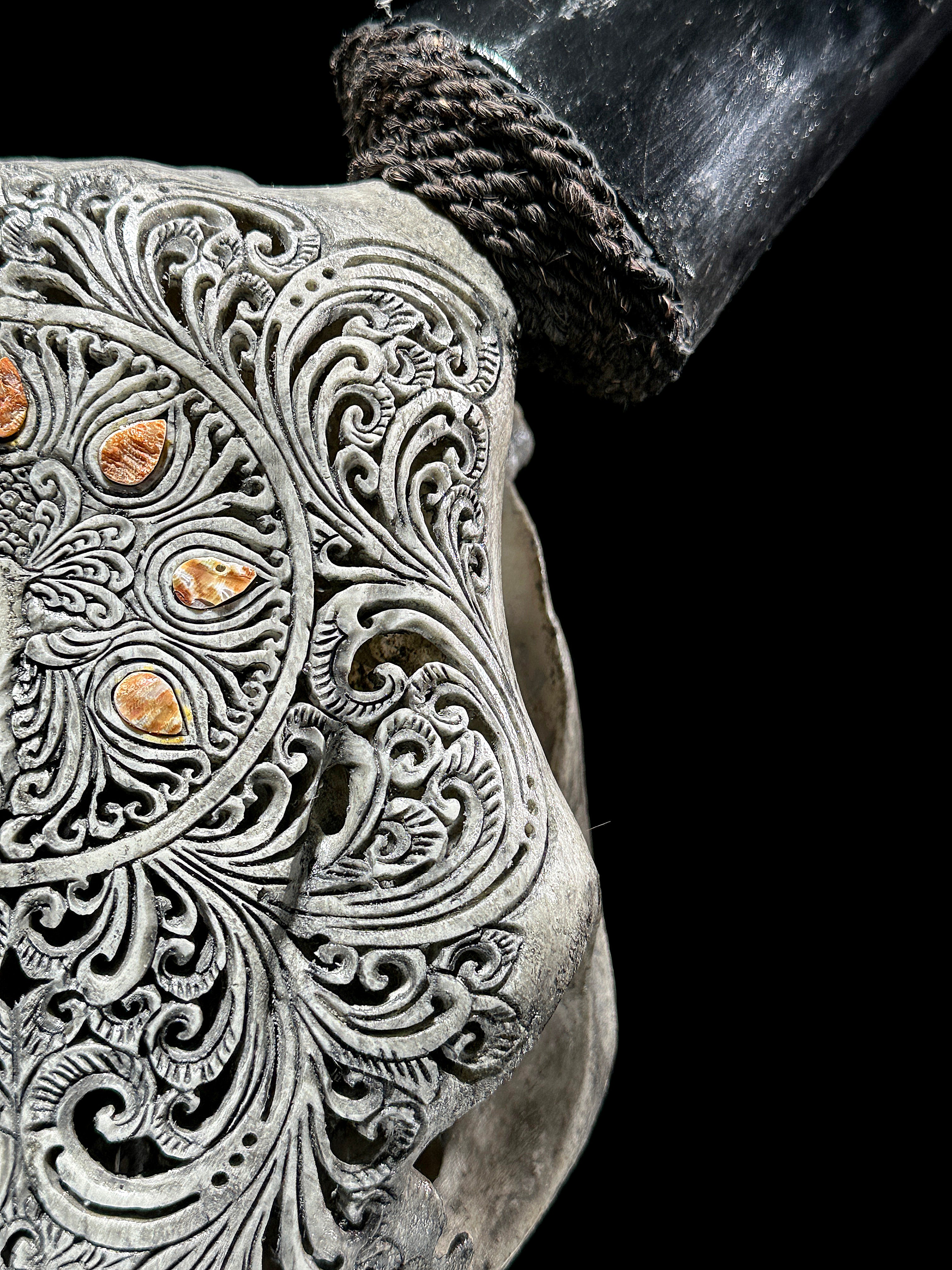 Grey Carved Cow Skull With Abalone Shell Accents - Peacock motif | Skull,A/144