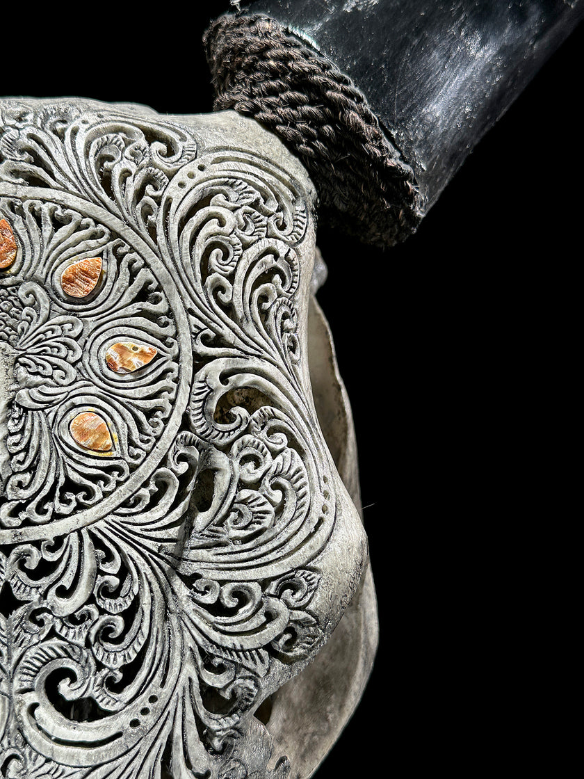 Grey Carved Cow Skull With Abalone Shell Accents - Peacock motif | Skull,A/144