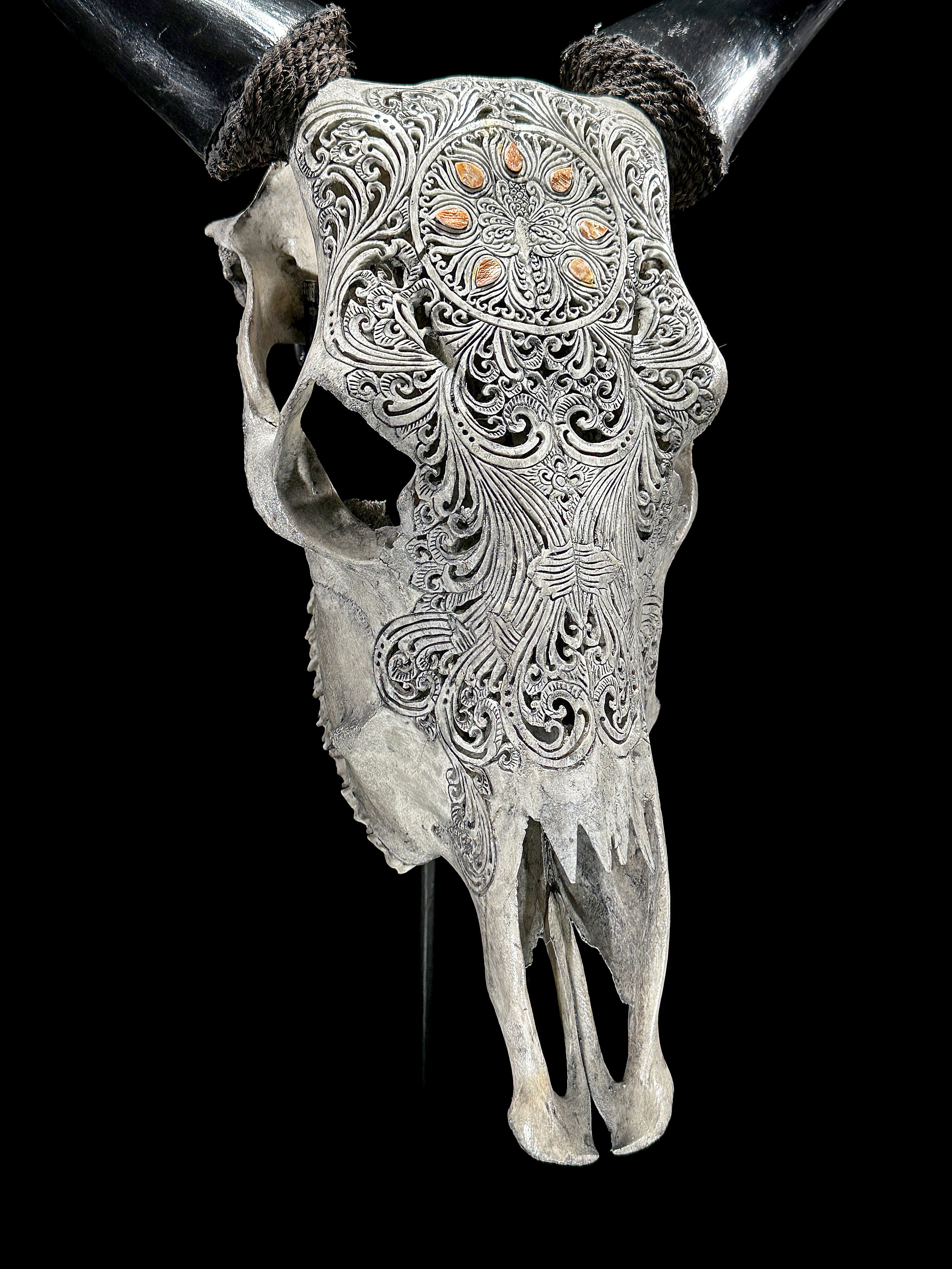 Grey Carved Cow Skull With Abalone Shell Accents - Peacock motif | Skull,A/144