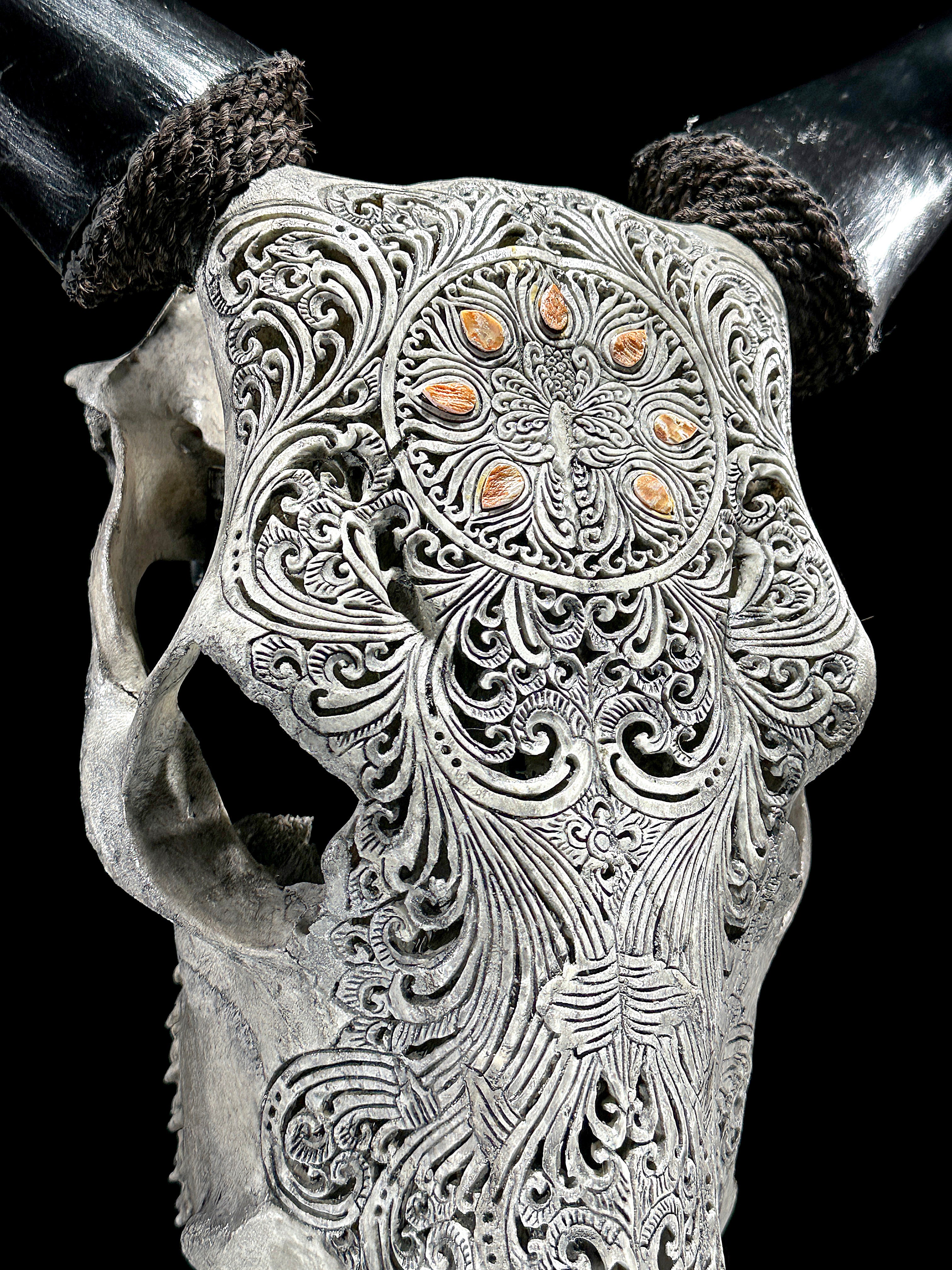 Grey Carved Cow Skull With Abalone Shell Accents - Peacock motif | Skull,A/144