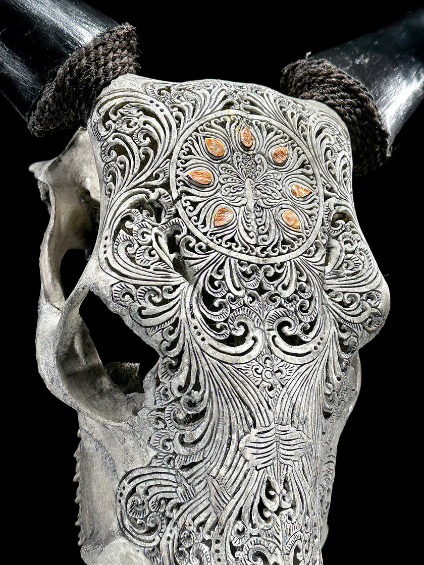 Grey Carved Cow Skull With Abalone Shell Accents - Peacock motif | Skull,A/144