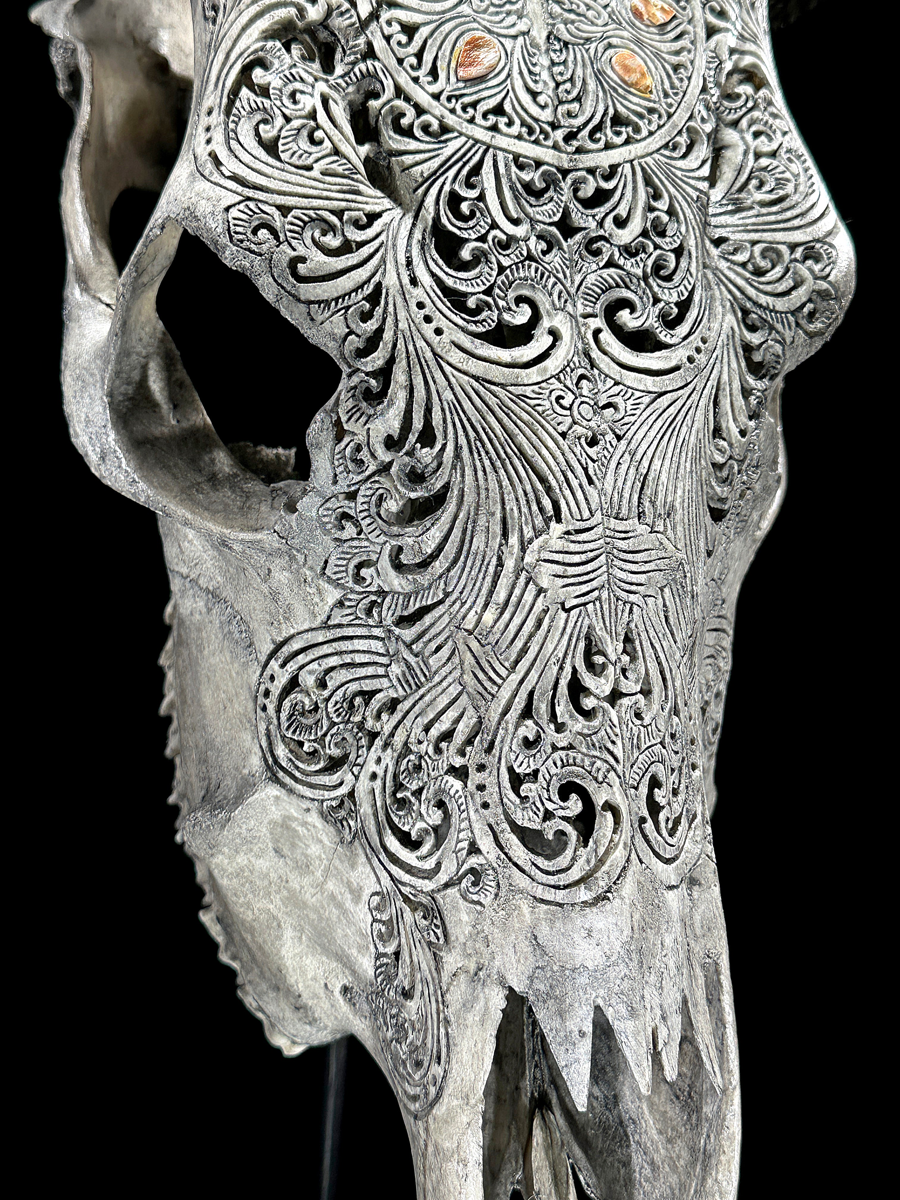 Grey Carved Cow Skull With Abalone Shell Accents - Peacock motif | Skull,A/144