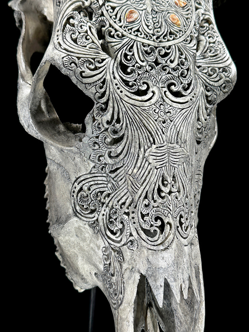 Grey Carved Cow Skull With Abalone Shell Accents - Peacock motif | Skull,A/144