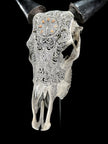 Grey Carved Cow Skull With Abalone Shell Accents - Peacock motif | Skull,A/144