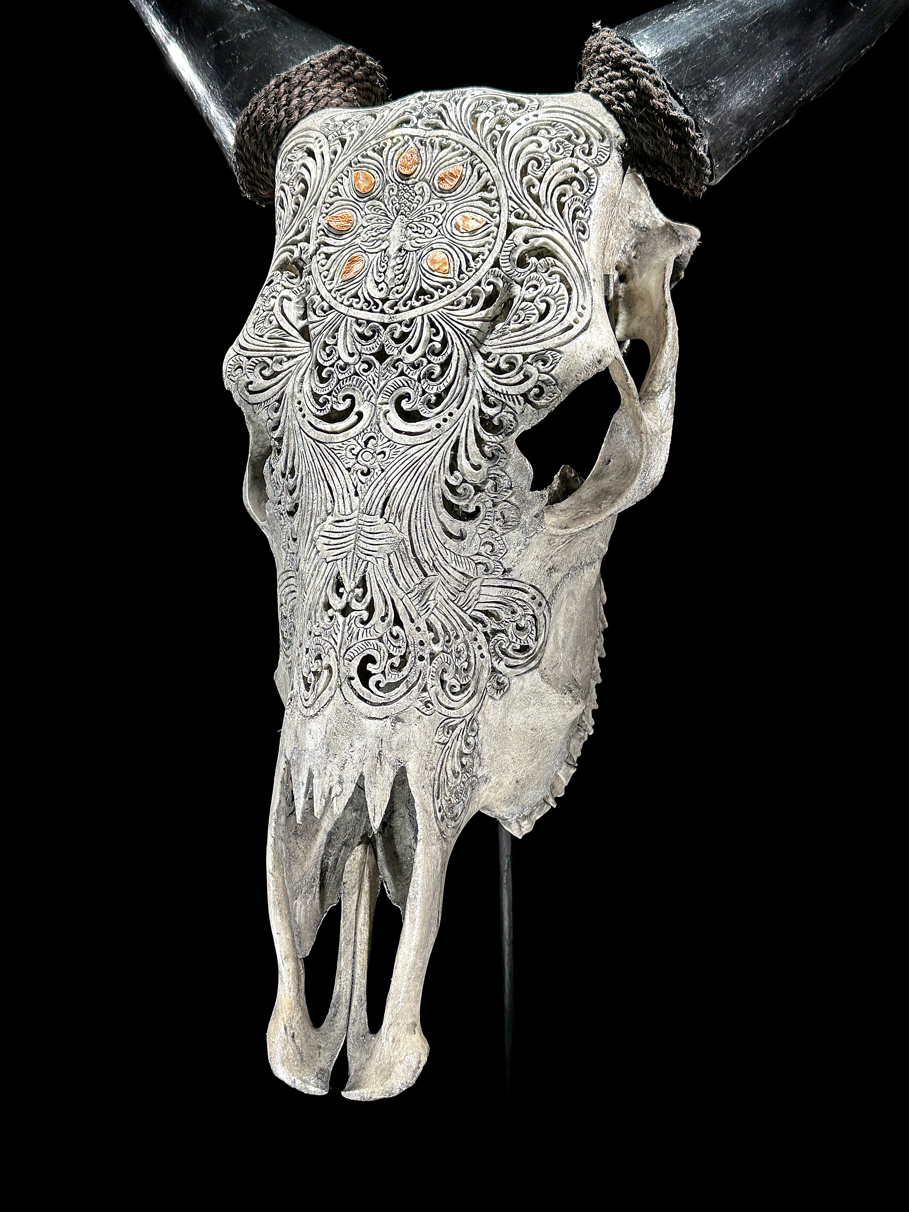 Grey Carved Cow Skull With Abalone Shell Accents - Peacock motif | Skull,A/144