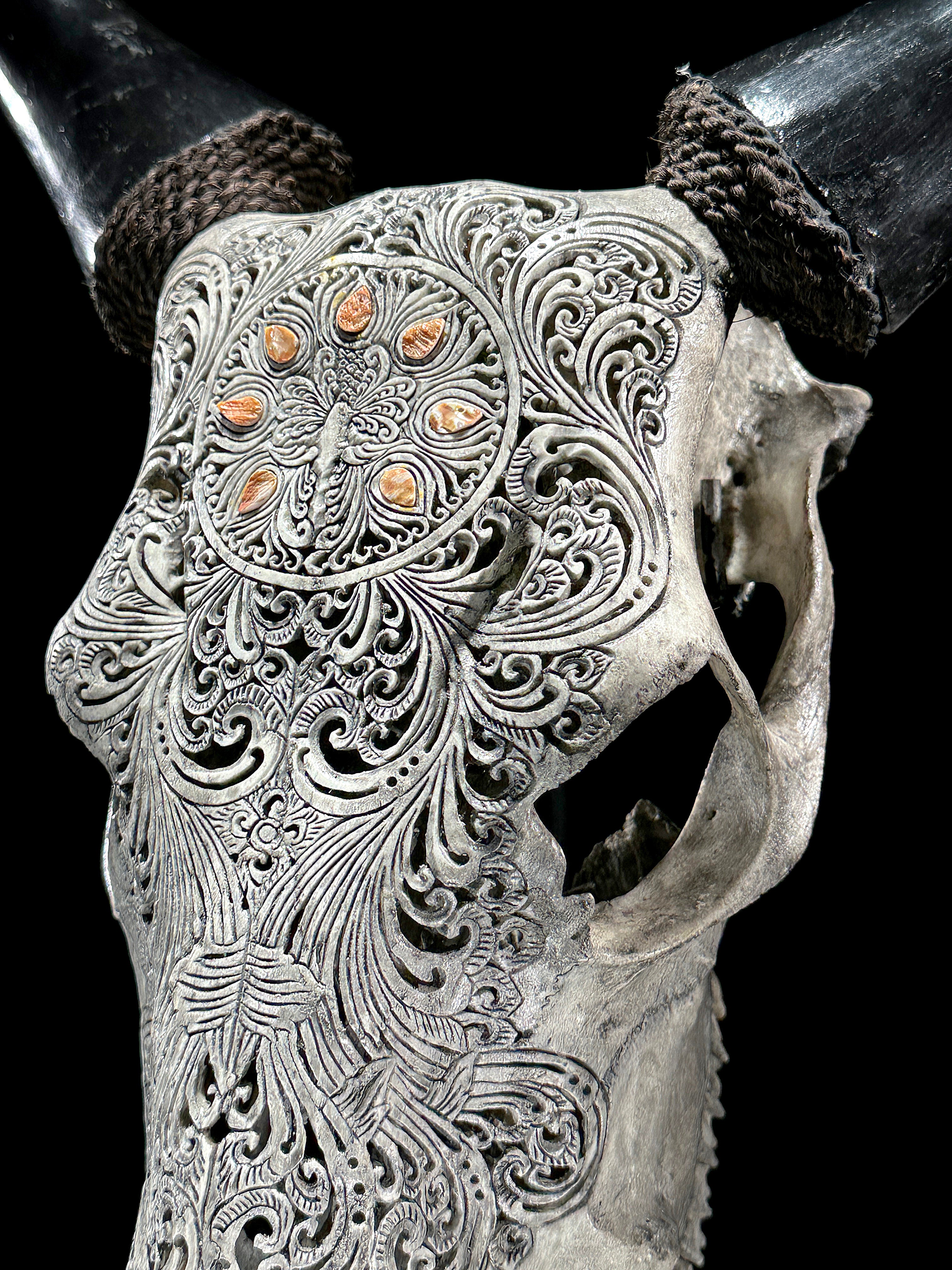 Grey Carved Cow Skull With Abalone Shell Accents - Peacock motif | Skull,A/144
