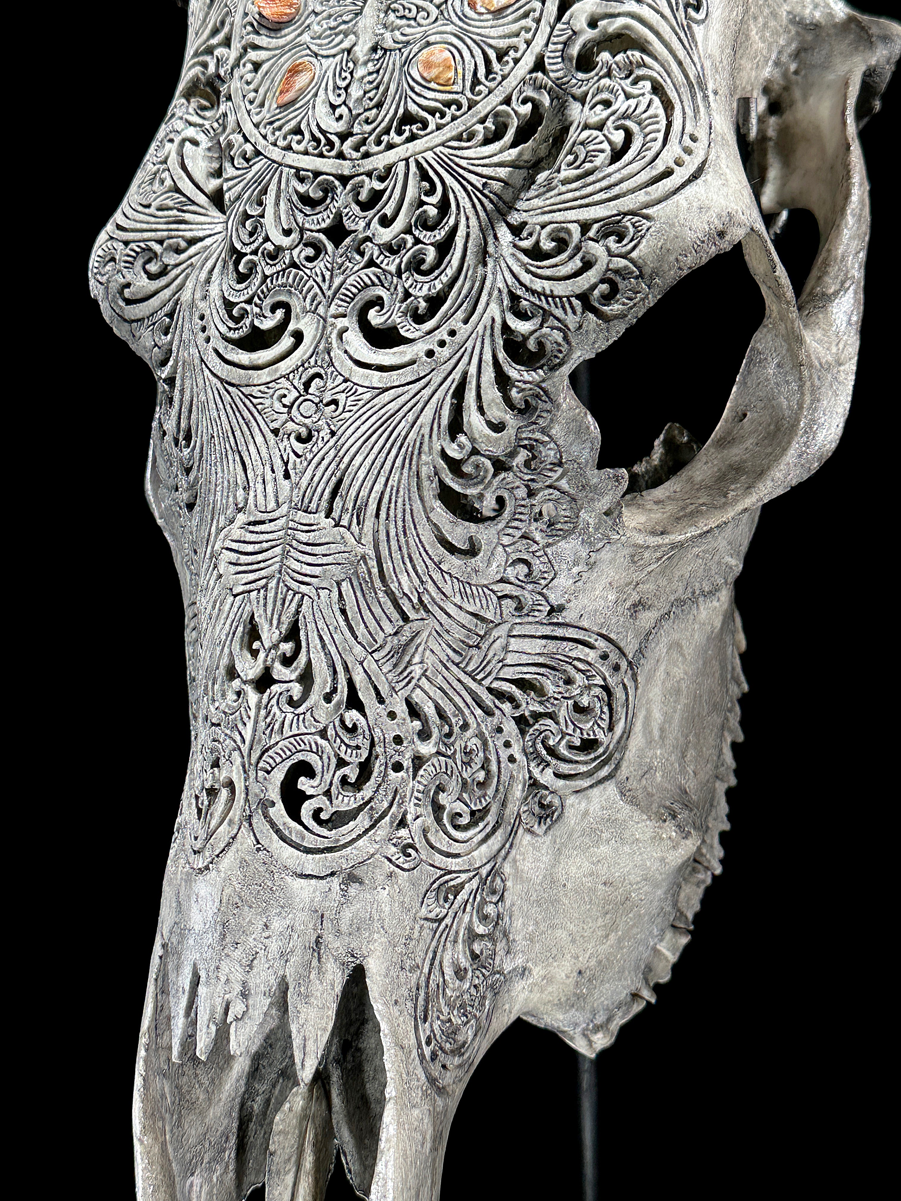 Grey Carved Cow Skull With Abalone Shell Accents - Peacock motif | Skull,A/144