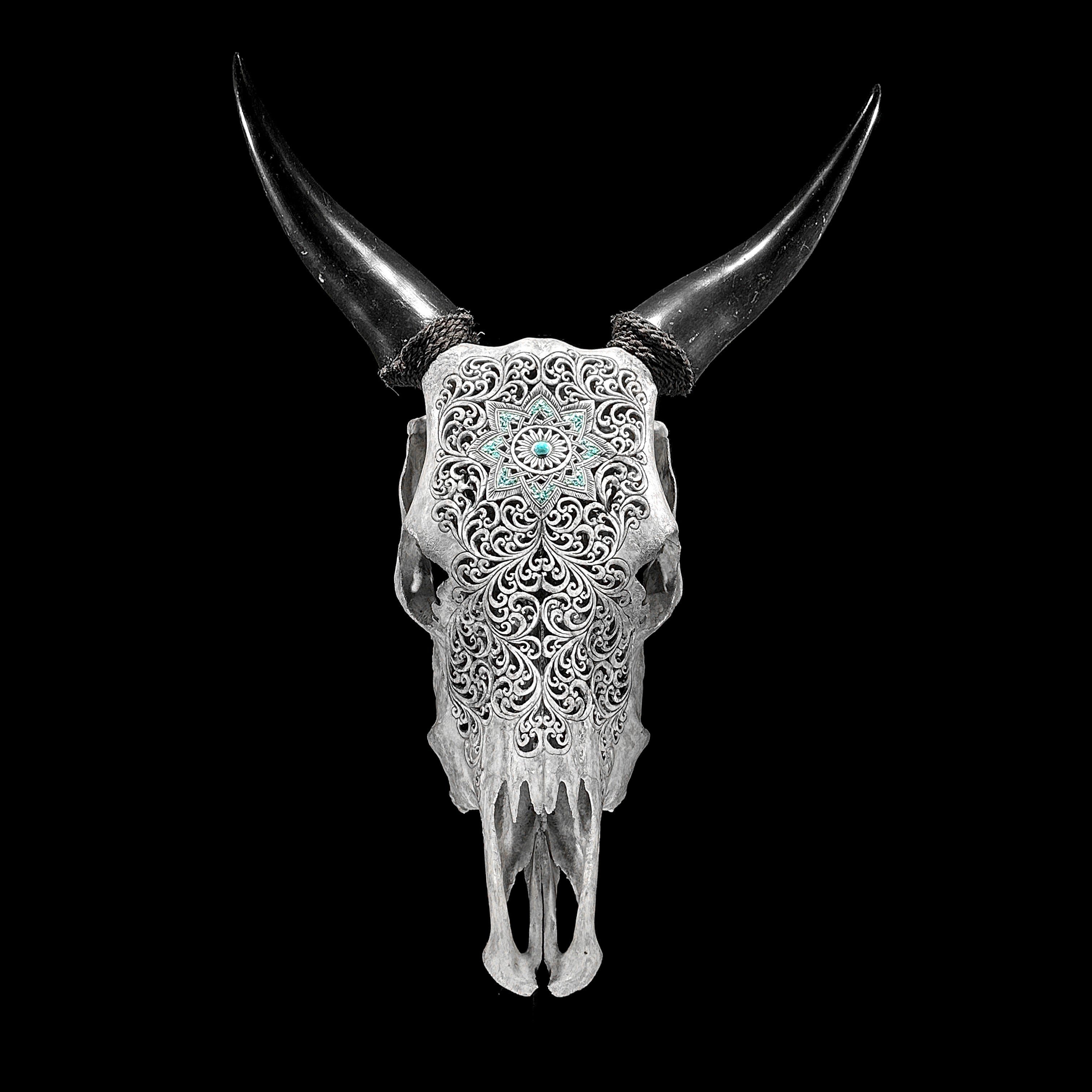 Grey Carved Cow Skull With Turqoise Accents - Star mandala motif | Skull,A/140