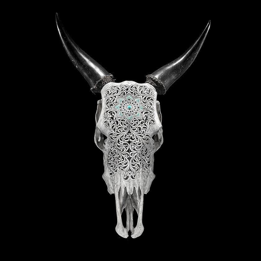 Grey Carved Cow Skull With Turqoise Accents - Star mandala motif | Skull,A/140