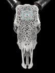 Grey Carved Cow Skull With Turqoise Accents - Star mandala motif | Skull,A/140