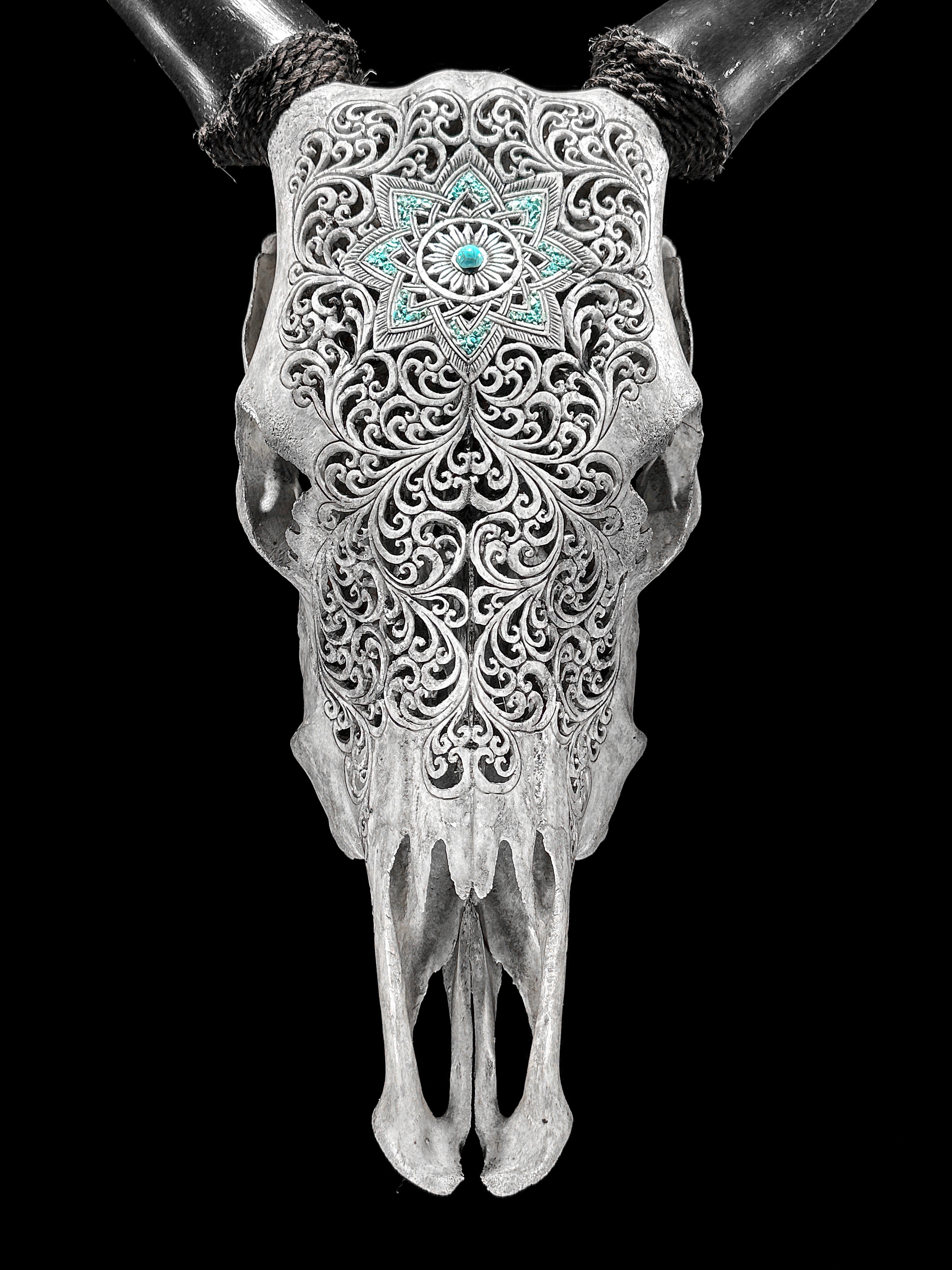 Grey Carved Cow Skull With Turqoise Accents - Star mandala motif | Skull,A/140