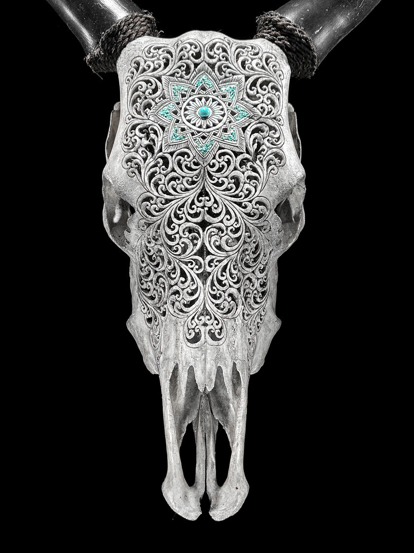 Grey Carved Cow Skull With Turqoise Accents - Star mandala motif | Skull,A/140