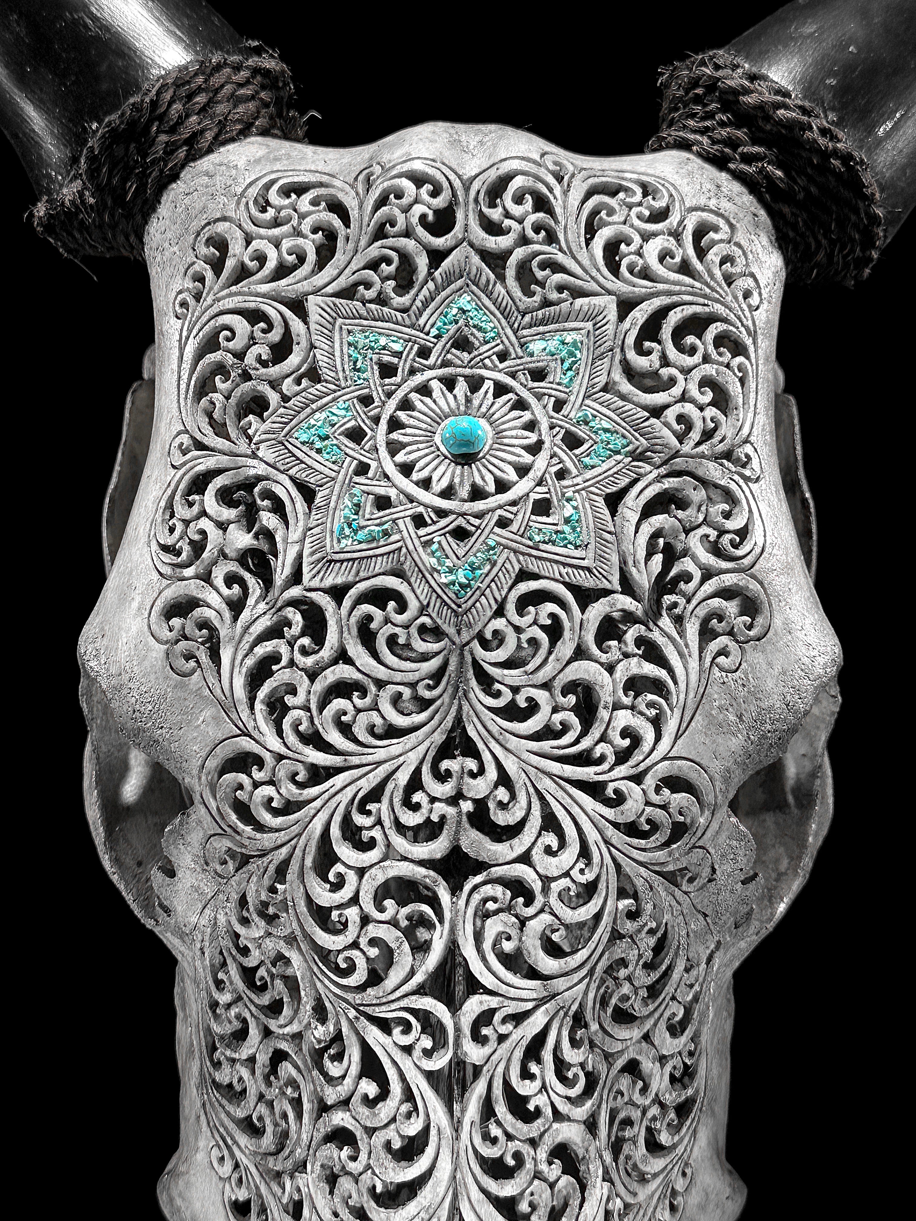Grey Carved Cow Skull With Turqoise Accents - Star mandala motif | Skull,A/140