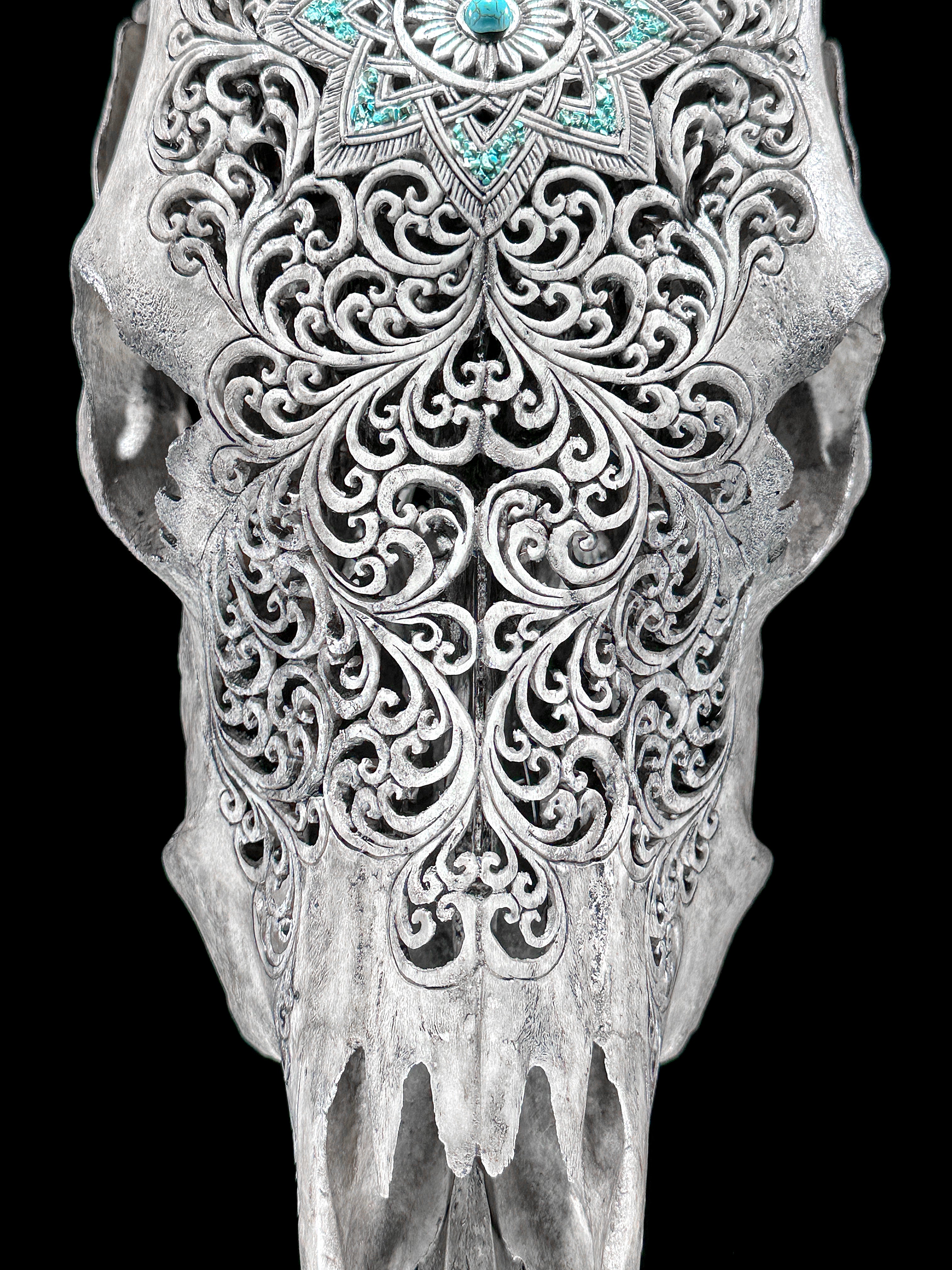 Grey Carved Cow Skull With Turqoise Accents - Star mandala motif | Skull,A/140