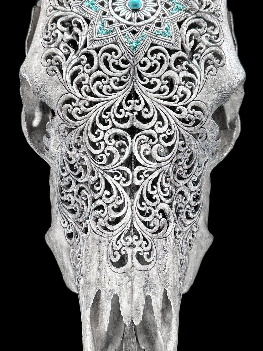 Grey Carved Cow Skull With Turqoise Accents - Star mandala motif | Skull,A/140