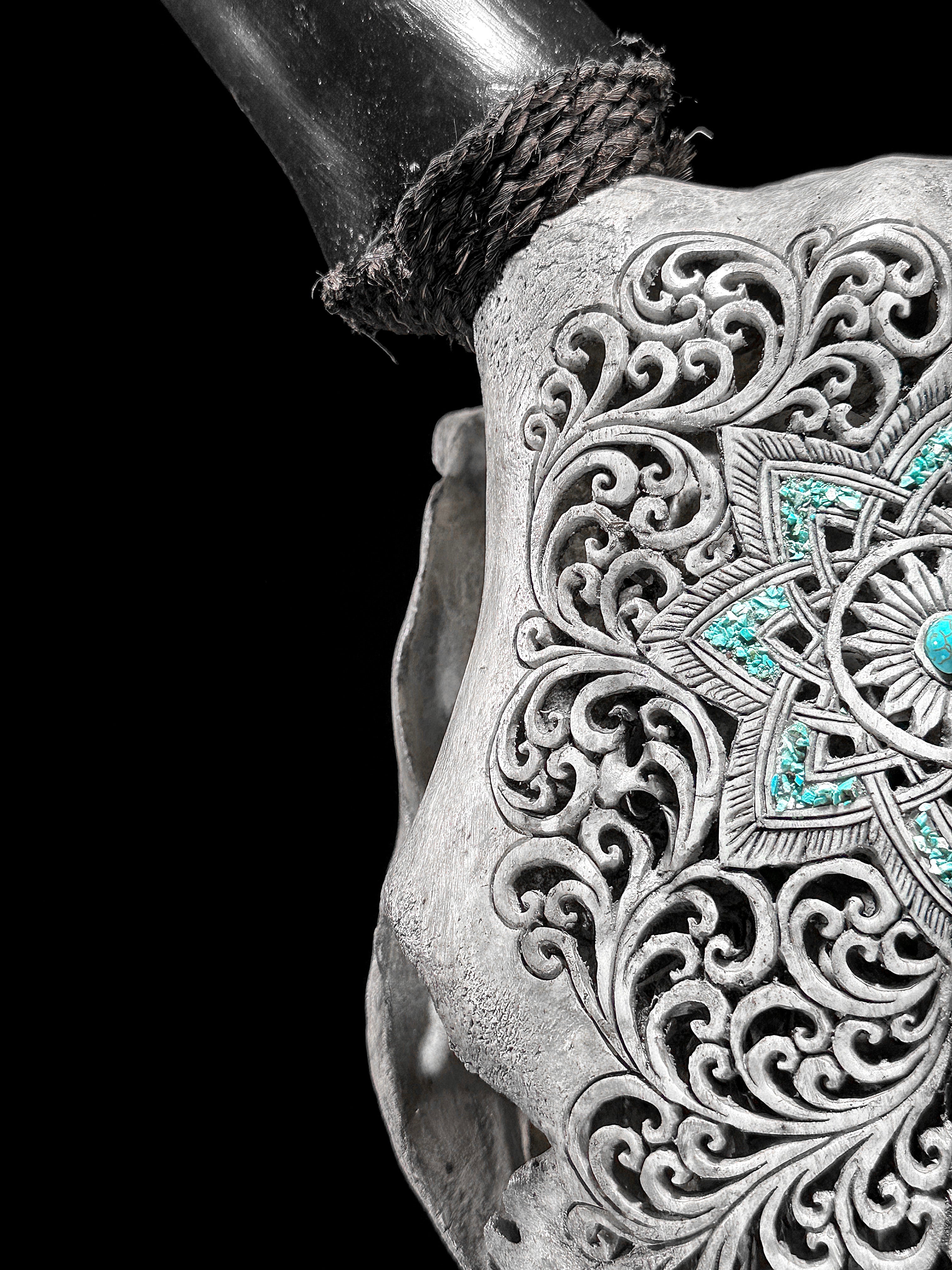 Grey Carved Cow Skull With Turqoise Accents - Star mandala motif | Skull,A/140