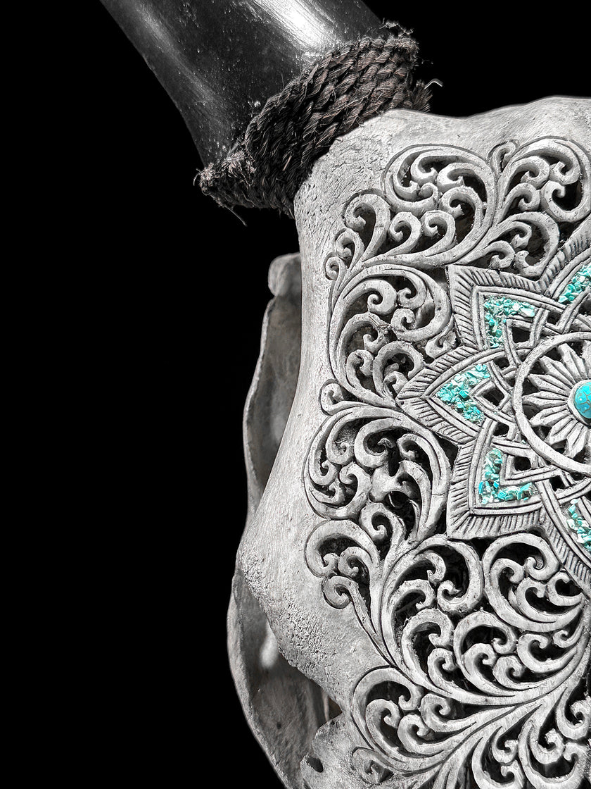 Grey Carved Cow Skull With Turqoise Accents - Star mandala motif | Skull,A/140