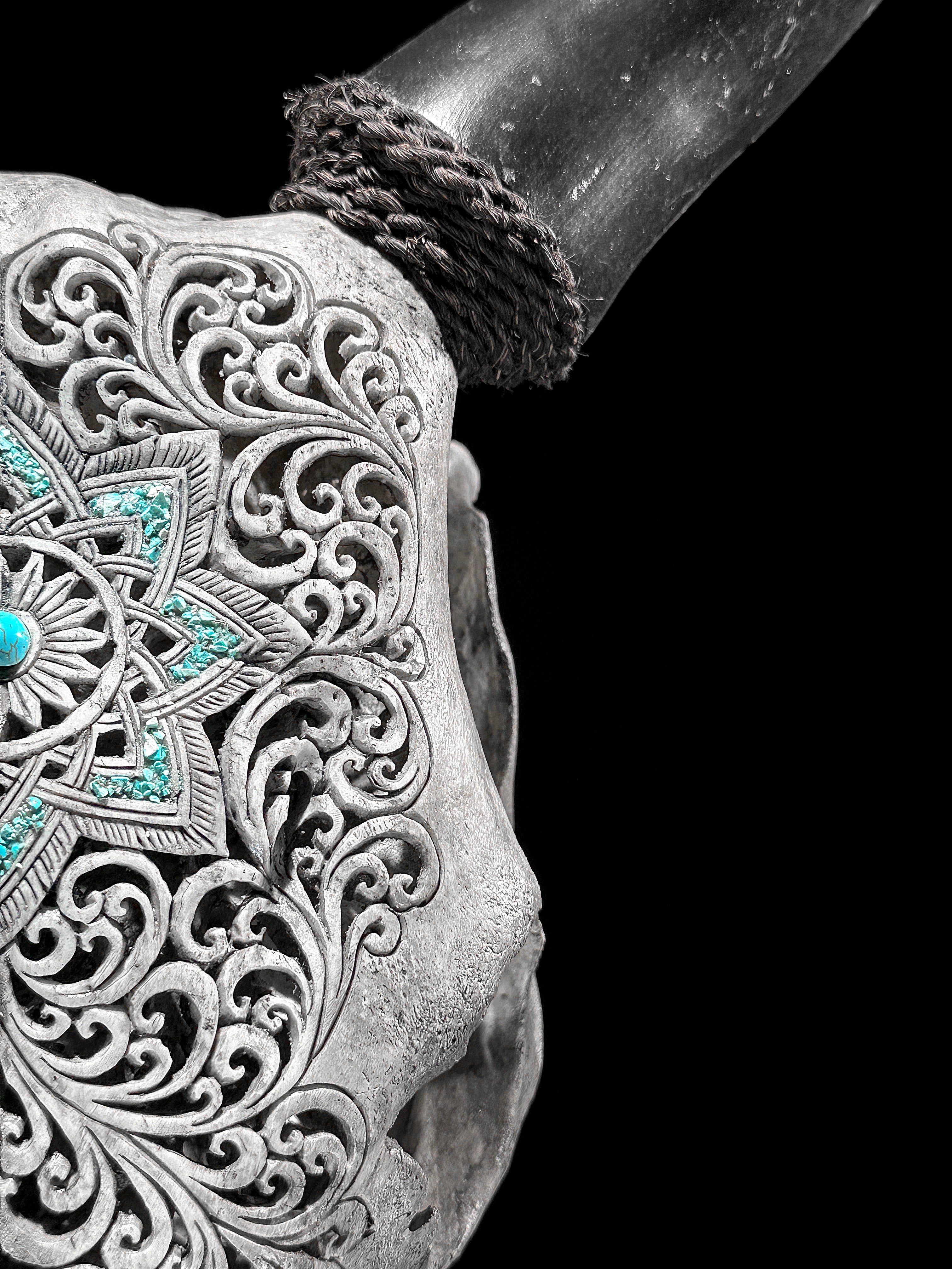 Grey Carved Cow Skull With Turqoise Accents - Star mandala motif | Skull,A/140